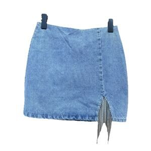 Cloud Ten Denim, Mini Skirt With A Cut-Out, Rhinestone Fringe Embellishment S